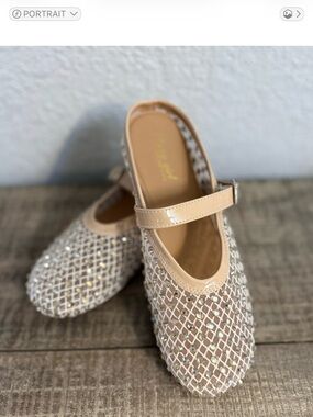 Beige Rhinestone Mesh Mary Jane Flats